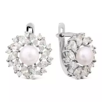 Серьги с жемчугом и фианитами Линии Любви