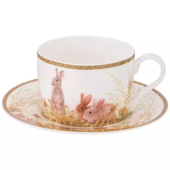 Чайная пара из фарфора с изображением собаки и зайцев 300 мл Hunting Porcelain Collection 2