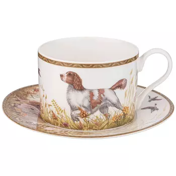 Чайная пара из фарфора с изображением собаки и зайцев 300 мл Hunting Porcelain Collection