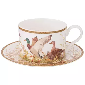 Чайная пара из фарфора с изображением собаки и уток 300 мл Hunting Porcelain Collection