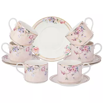 Чайный набор из фарфора с цветочным принтом на 6 персон 12 предметов Flower Porcelain Collection