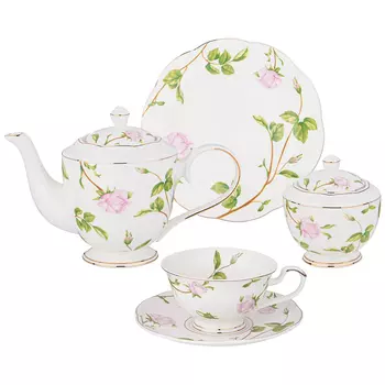 Чайный сервиз из фарфора белый с цветочным принтом на 6 персон 20 предметов Flower Porcelain Collection