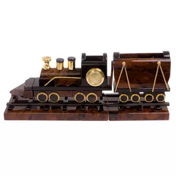 Часы настольные в виде паровоза из натурального камня Обсидиан Train Stone Clock