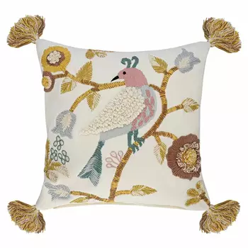 Чехол на подушку с кисточками и вышивкой птиц Ethnic mix Birds Square