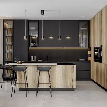 Черный матовый кухонный гарнитур с фасадом под дерево Axelle Kitchen Set