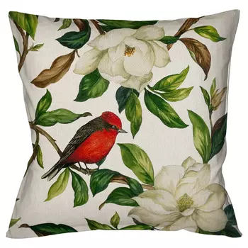 Декоративная подушка бежевая с изображением птиц и цветов Blooming Birds