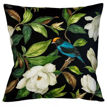 Декоративная подушка чёрная с изображением птиц и цветов Blooming Blue Birds