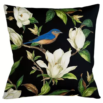 Декоративная подушка чёрная с изображением птицы в саду Blooming Blue Birds