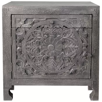 Деревянная тумба с резными ящиком и дверцей Azure Grey Wooden Nightstand