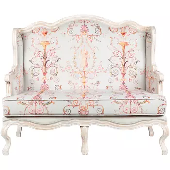 Двухместный диван из массива бука серый с растительным орнаментом Raffael Blue Grey Sofa