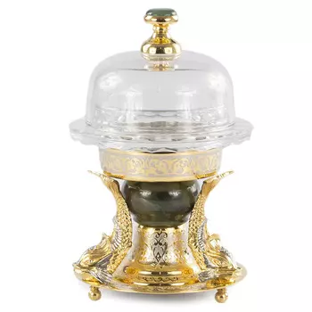 Икорница с декором "Три рыбки" с гравировкой и натуральным камнем Нефрит Decorative Cavair Dishes