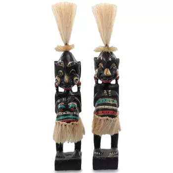 Комплект из 2-х деревянных статуэток Asmat Straw Headdress Statuettes Black Colorful Tattoo