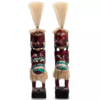 Комплект из 2-х деревянных статуэток Asmat Straw Headdress Statuettes Red Turquoise Tattoo