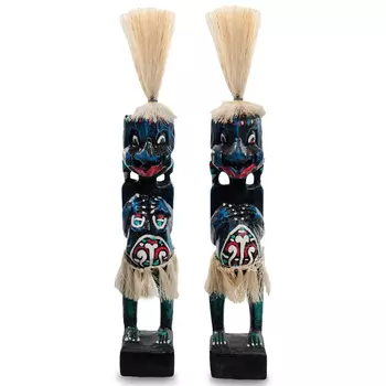 Комплект из 2-х деревянных статуэток Asmat Straw Headdress Statuettes Blue Red
