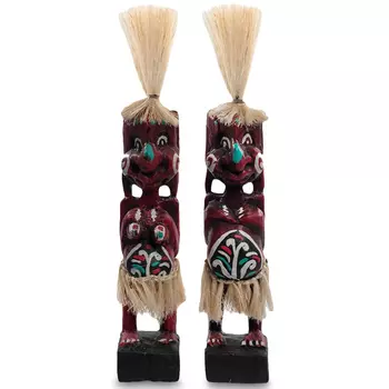 Комплект из 2-х деревянных статуэток Asmat Straw Headdress Statuettes Red Turquoise