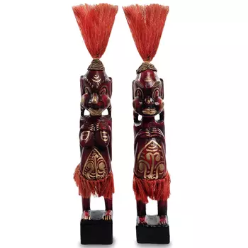 Комплект из 2-х деревянных статуэток Asmat Red Straw Headdress Statuettes Red Gold