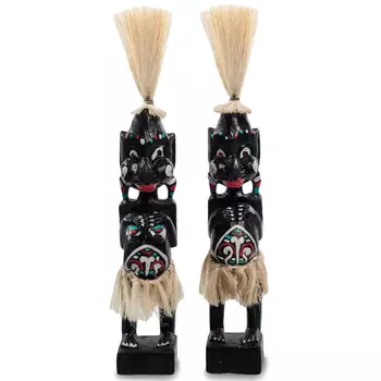 Комплект из 2-х деревянных статуэток Asmat Straw Headdress Statuettes Black Turquoise