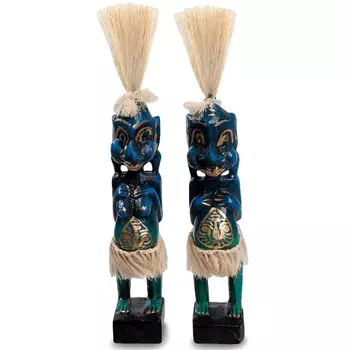 Комплект из 2-х деревянных статуэток Asmat Straw Headdress Statuettes Blue Tattoo