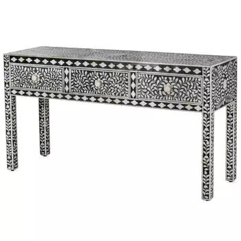 Консоль черный орнамент отделка кость BONE INLAY CONSOL TABLE 3 DRAWER