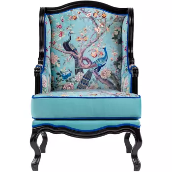 Кресло из натурального бука бирюзовое с изображением птиц и цветов Turquoise Chinoiserie Garden Armchair