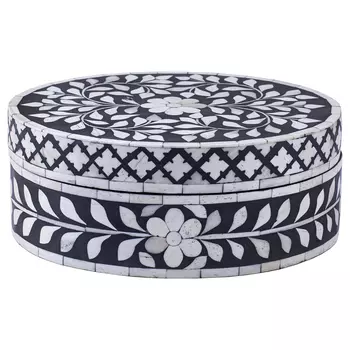 Круглая черная шкатулка инкрустация кость