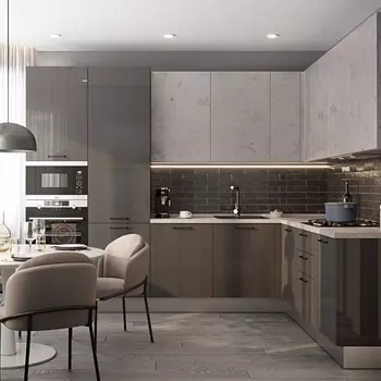 Кухонный гарнитур с серым глянцевым фасадом Onfroi Moss Grey Kitchen Set