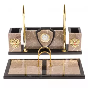 Настольный письменный набор из бежевого мрамора с часами и гербом Marble Accessory
