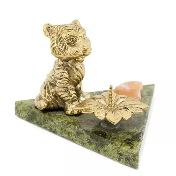 Подсвечник с фигуркой тигра из бронзы и натурального камня змеевик Stone Candlestick