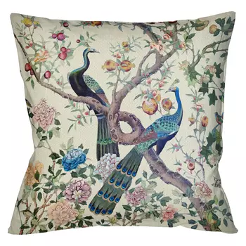 Подушка декоративная с изображением павлинов в саду Beige Chinoiserie Garden Two Peacocks Cushion