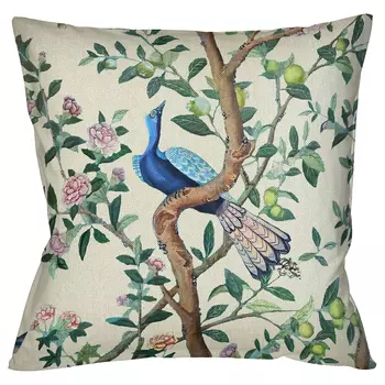 Подушка декоративная с изображением птицы в саду Beige Chinoiserie Blue Bird in the Garden Cushion