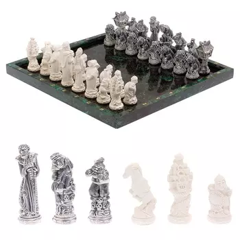 Шахматы Русские сказки с доской из натурального камня Змеевик Decorative Thematic Chess