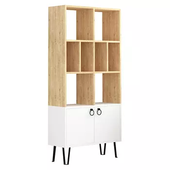 Стеллаж прямой цвета древесины с полками и 2-мя белыми дверцами BENE BOOKCASE OAK