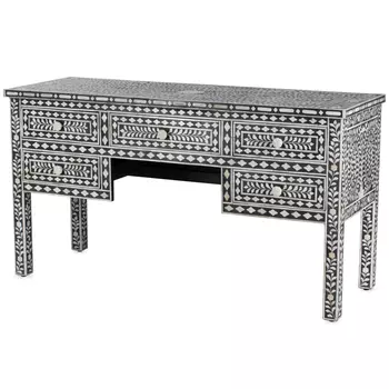 Стол рабочий черно-белый орнамент кость BONE INLAY TABLE 5 DRAWER