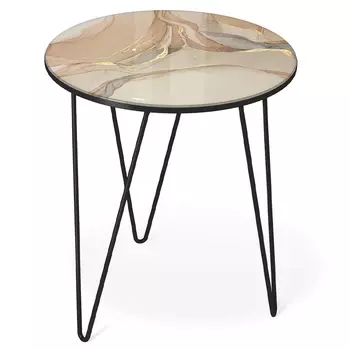 Стол журнальный с круглой столешницей из стекла на 3-х черных ножках Beige Marble
