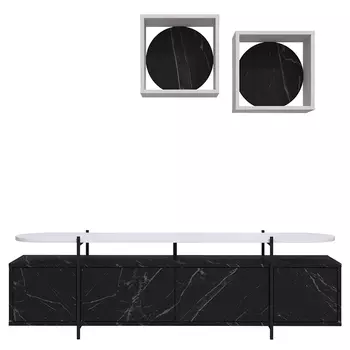 ТВ-тумба цвета черный мрамор с 4-мя дверцами c белой столешницей и 2-мя настенными полками HANLEY TV UNIT WHITE