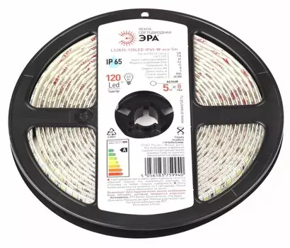 5м. Светодиодная влагозащищенная лента ЭРА 9,6W/m 120LED/m 2835SMD белый 5M LS2835-120LED-IP65-W-eco-5m Б0035599