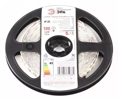 5м. Светодиодная лента ЭРА 9,6W/m 120LED/m 2835SMD теплый белый 5M LS2835-120LED-IP20-WW-eco-5m Б0035596