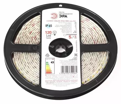 5м. Светодиодная лента теплого цвета 2700К 2835, 12V, 9,6W, 120LED/m, IP65 Эра - LS2835-120LED-IP65-WW-ECO-5M (Б0035600)
