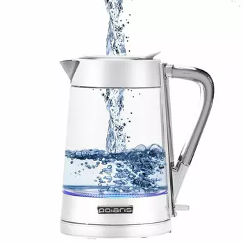 Чайник POLARIS PWK 1715 CGL, 1,7 л, 1850-2200 Вт, закрытый нагревательный элемент, стекло, белый, 54125, PWK 1715 CGL w (456760)