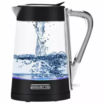 Чайник POLARIS PWK 1715 CGL, 1,7 л, 1850-2200 Вт, закрытый нагревательный элемент, стекло, черный, 48643, PWK 1715 CGL b (456761)