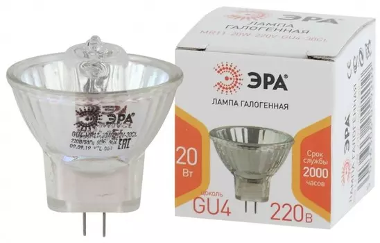 Галогенная лампа GU4 20W 3000К (теплый) Эра GU4-MR11-20W-220V-30CL (Б0044093)