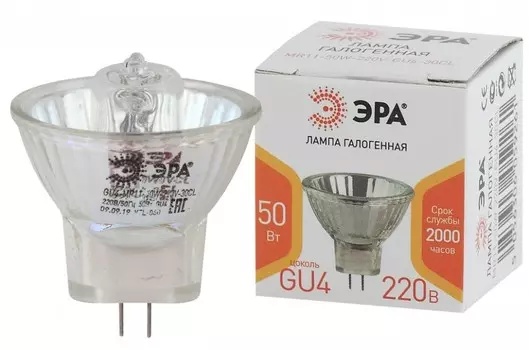 Лампа галогенная ЭРА GU4 50W 3000K прозрачная GU4-MR11-50W-220V-30 CL Б0044095