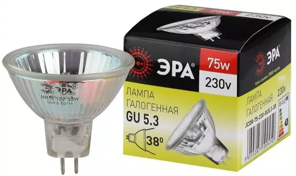 Лампа галогенная ЭРА GU5.3 75W 2700K прозрачная GU5.3-JCDR (MR16) -75W-230V-CL C0027366