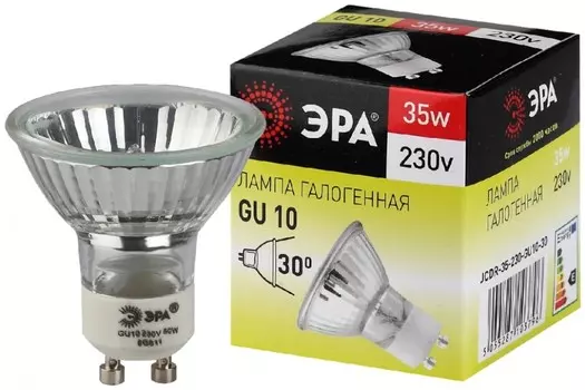Лампа галогенная ЭРА GU10 35W 2700K прозрачная GU10-JCDR (MR16) -35W-230V C0027385