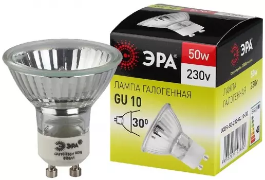 Лампа галогенная ЭРА GU10 50W 2700K прозрачная GU10-JCDR (MR16) -50W-230V C0027386