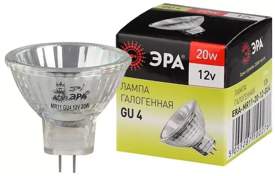 Лампа галогенная ЭРА GU4 20W 2700K прозрачная GU4-MR11-20W-12V-30CL C0027361