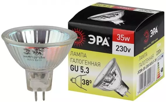 Лампа галогенная ЭРА GU5.3 35W 2700K прозрачная GU5.3-JCDR (MR16) -35W-230V-CL C0027363