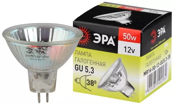 Лампа галогенная ЭРА GU5.3 50W 3000K прозрачная GU5.3-MR16-50W-12V-CL C0027358