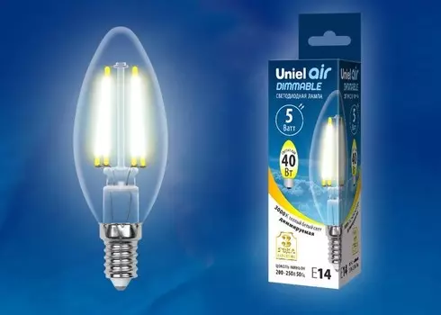 Лампа светодиодная диммируемая Uniel Air Е14 5W 3000K прозрачная LED-C35-5W/WW/E14/CL/DIM GLA01TR картон (UL-00002860)