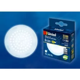 Лампа светодиодная GX53 6W 6500K Дневной свет Uniel LED-GX53-6W/6500K/GX53/FR PLZ01WH картон (UL-00005311)